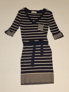 VTG Y2K Striped Navy Blue Cream V-Neck Belted Knit Sweater Dress Large L EUC